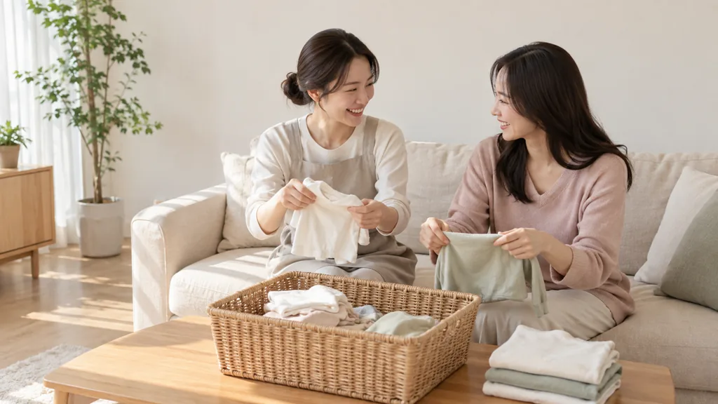 거실에서 함께 정리하는 두 사람