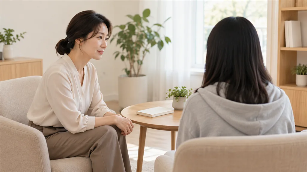 상담실에서 마주 앉은 상담사와 내담자