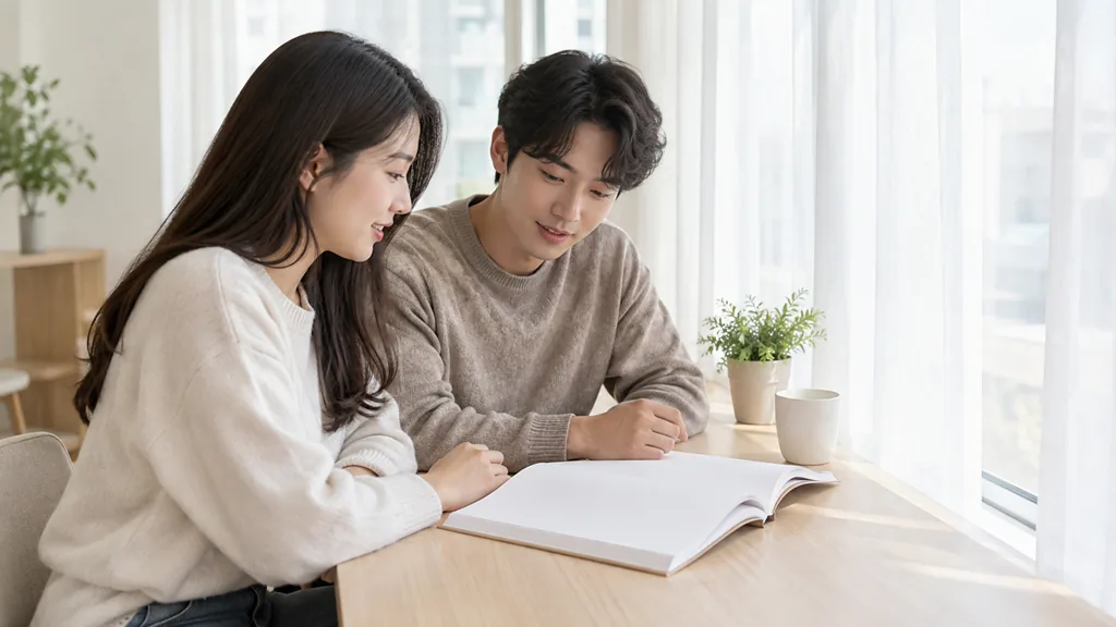 창가에서 백지 교재를 함께 내려다보는 두 사람