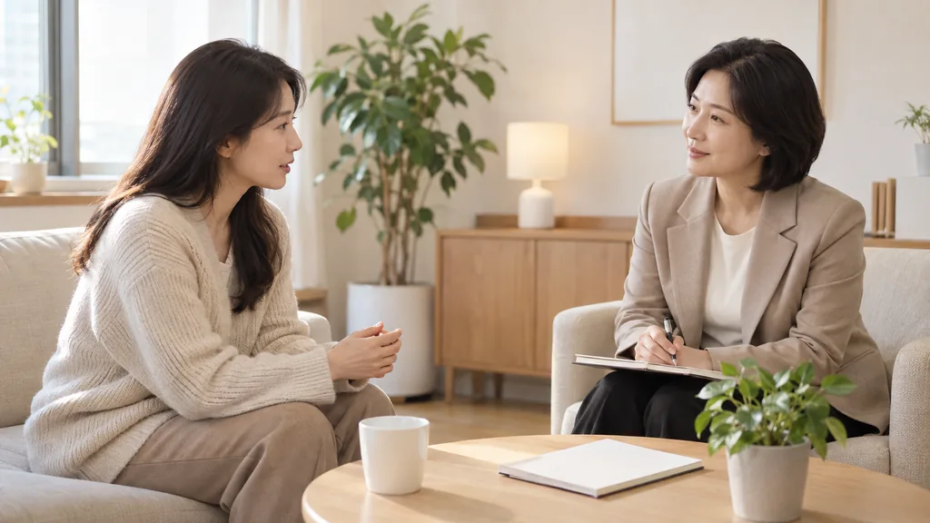거실에서 마주 앉아 이야기하는 두 사람