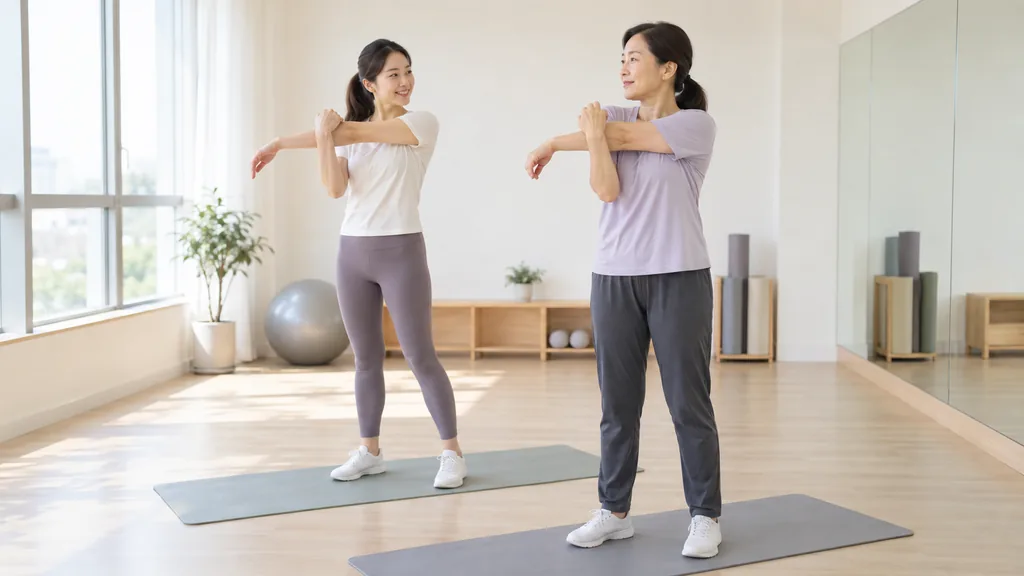 매트 위에서 함께 스트레칭하는 두 사람