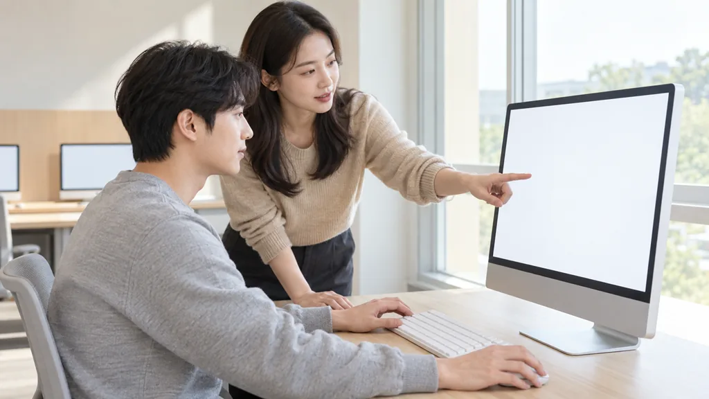 화면을 가리키며 설명하는 강사와 수강생