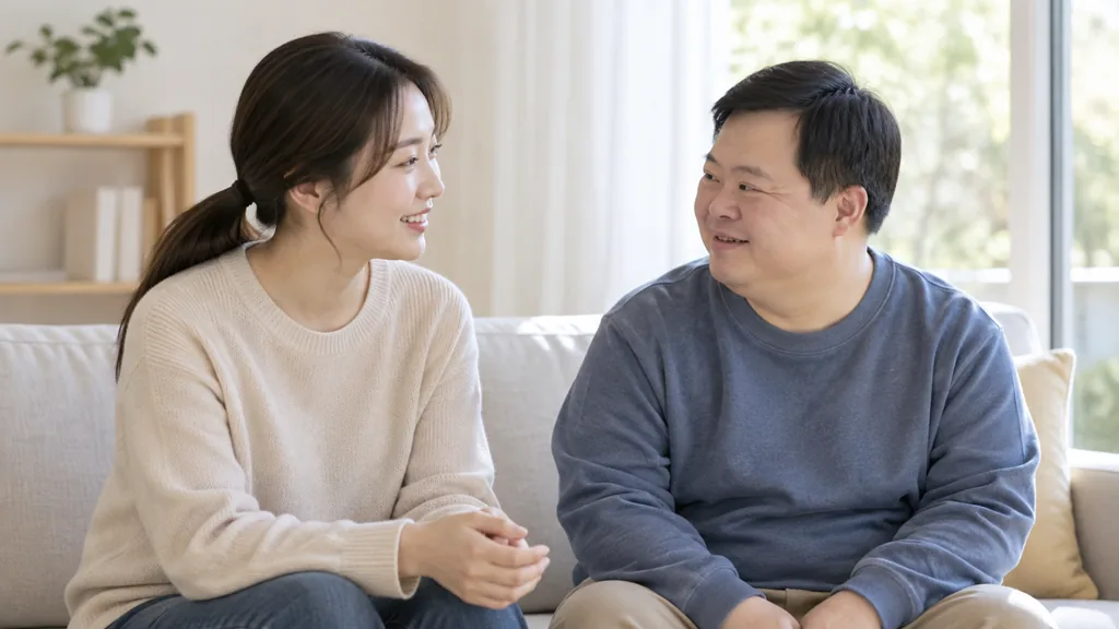 나란히 앉아 이야기하는 활동지원사와 이용자