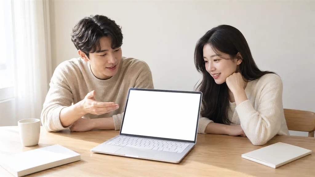 노트북을 보며 의논하는 두 사람