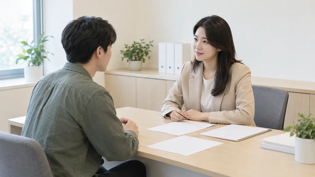 사무실 책상에서 마주 앉아 상담하는 두 사람