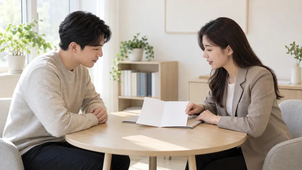 원형 테이블에서 백지 안내 책자를 함께 보는 두 사람