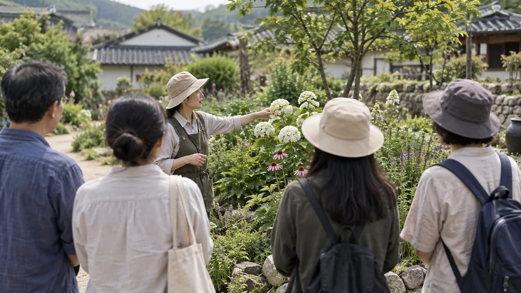 마을 정원에서 진행되는 해설 장면