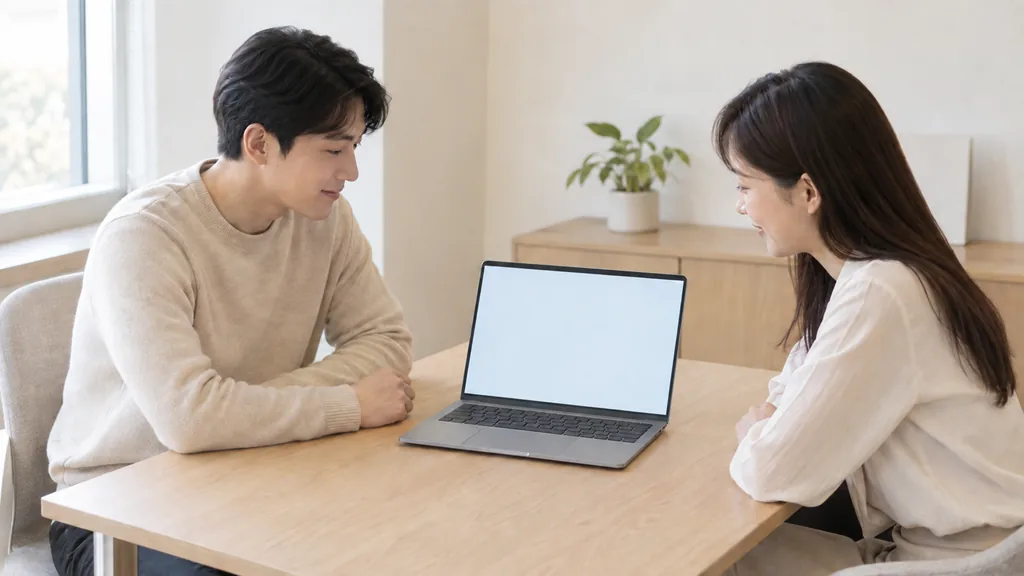 노트북을 사이에 두고 함께 확인하는 두 사람