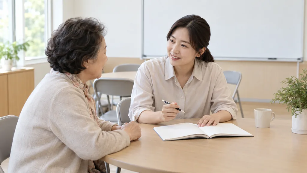 강의실에서 이야기하는 두 사람