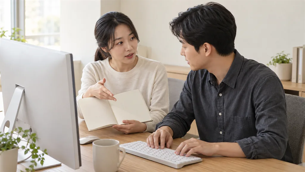 공책을 들고 서로 이야기하는 두 사람