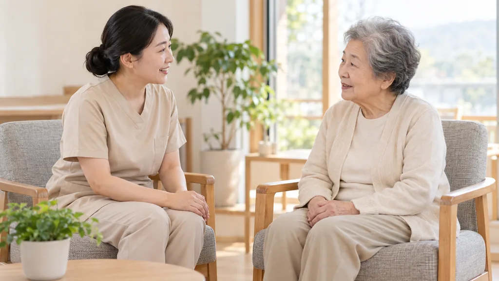 의자와 화분이 놓인 밝은 상담 공간